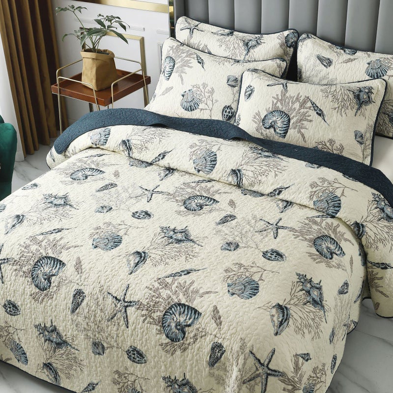 ABREEZE Coastal Beach Theme Quilt Set with Shams Queen Nautical Coverlet Cotton Bedspread Ocean Bedding Set Sea Shell Conch Coral Starfish Comforter Set Beige,Full/Queenï¼Œ3 Pieces - Image 2